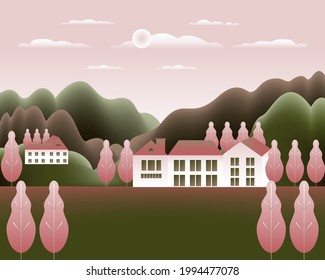 Landscape village, mountains, hills, trees, forest. Rural valley scene Farm countryside with house, building in flat style design. Green pink gradient colors. Cartoon background vector illustration