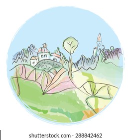 Landscape with village and mountains - watercolor style 