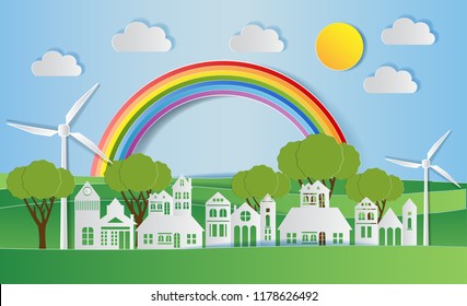 Landscape of village in nature ,ECO FRIENDLY, Paper art style. Vector illustration