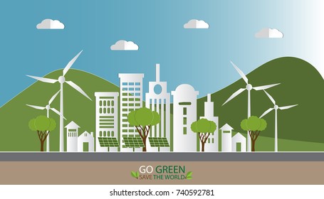 Landscape with village in nature, Eco green city, GO GREEN SAVE THE WORLD concept, Vector illustration