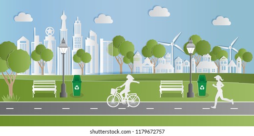 Landscape of village in nature and people relaxing in parks, Environmentally eco friendly world, Paper art style. Vector illustration 