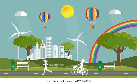 Landscape with village in nature and people relaxing in city parks, Environmentally eco friendly world , Paper art style