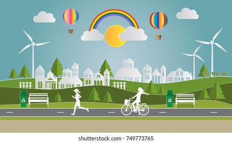 Landscape with village in nature and people relaxing in city parks, Environmentally eco friendly world , Paper art style. Vector illustrationand 