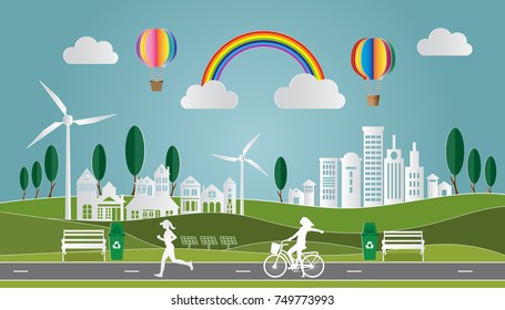 Landscape with village in nature and people relaxing in city parks, Environmentally eco friendly world , Paper art style. Vector illustration