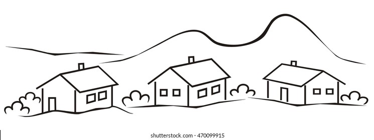 landscape, village near mountain, sketch, black vector illustration