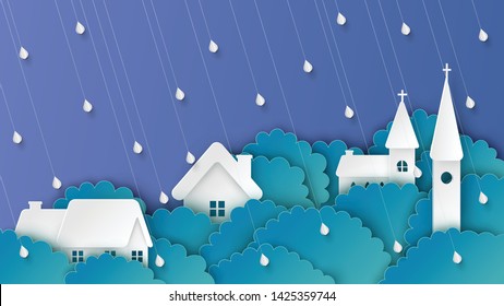 Landscape of village in the rainy forest. Graphic design for rainy season. paper cut and craft style. vector, illustration.