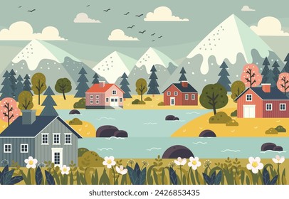 Landschaft mit Dorf, Fluss und Bergen. Vektor-Illustration im flachen Stil