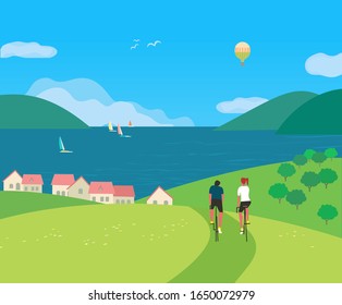 Landscape village rural houses seascape vector. Hand drawn adventure on lake bank sunny day cartoon. Flat vector summer seascape. Sailing on calm water background. Vacation travel to sea illustration