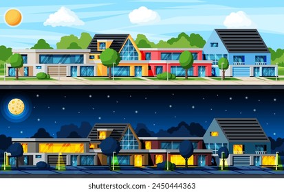 Landschaft mit Dorf oder Stadt. Wohnhaus, Landhaus Außenbereich. Tag- und Nachtzyklus. Fassade mit Baumgarten am Vorgarten. Modernes Vorstadthaus. Cartoon-Flat-Vektorillustration