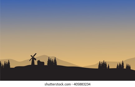 Landscape Village And Windmill Of Silhouette At Morning