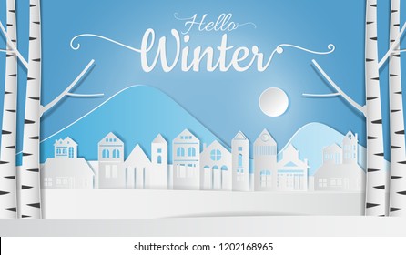 Landscape of village in winter snow forest, Hello Winter. Paper art style