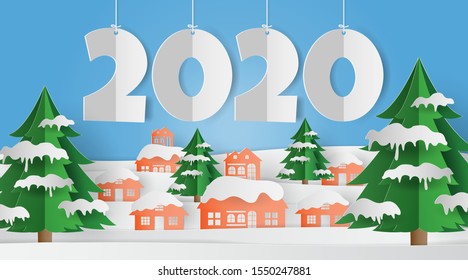Landscape of village in winter snow forest, 2020 happy new year background. Paper art style