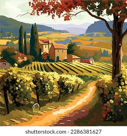 Landscape with of vineyard. Background village with fields of greenhouses and grapes in the foreground. landscape with hills, meadows, blue sky. Vector banner for winemaking, harvesting.