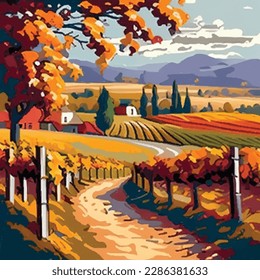 Landscape with of vineyard. Background village with fields of greenhouses and grapes in the foreground. landscape with hills, meadows, blue sky. Vector banner for winemaking, harvesting.