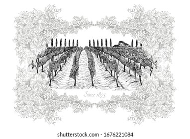 Landscape with vineyard and building in far out, around of the decorative frame from grapes and vines. Vector illustration hand drawn in sketch style isolated on white