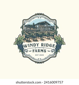 Landscape with vineyard fields, villa, trees. emblem vector illustration of farm landscape. elegant concept for wine list, bar or restaurant menu, labels and package.do using adobe illustrator