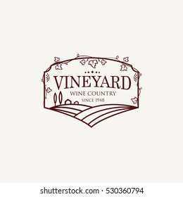 Landscape with vineyard fields, villa, trees. Outline vector illustration of rural landscape. Trendy concept for wine list, bar or restaurant menu, labels and package. 