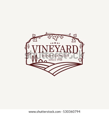 Landscape with vineyard fields, villa, trees. Outline vector illustration of rural landscape. Trendy concept for wine list, bar or restaurant menu, labels and package. 