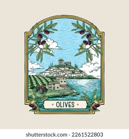 landscape vintage olive illustration logo. EPS10 vector illustration editable to your liking.