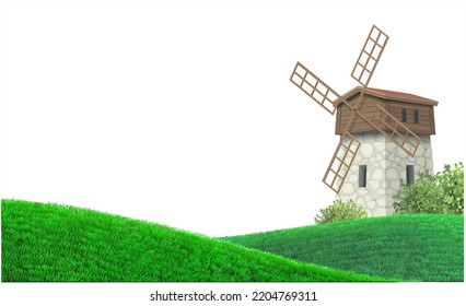 Landscape Vintage Windmill And Green Hills In Vector. Lovely Vector Landscape