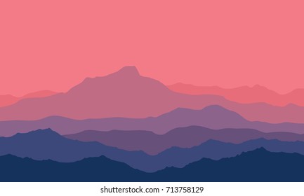 Paisaje con siluetas violetas, azules y violetas de montañas y colinas con hermoso cielo sangriento por la noche. Enormes siluetas montañosas al ocaso. Ilustración vectorial.