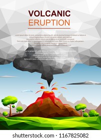 Landscape of volcanic eruption with lava flowing and ash cloud in green fields among trees-Natural disaster concept.Polygonal style-Eps10 Vector Illustration.