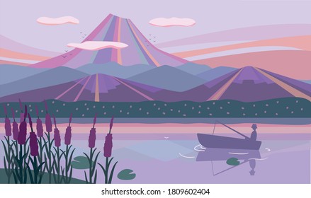 Paisaje con un volcán en tonos lilos