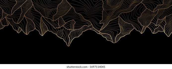 landscape wallpaper design with Golden mountain line arts, luxury background design for cover, invitation background, packaging design, fabric, and print. Vector illustration.