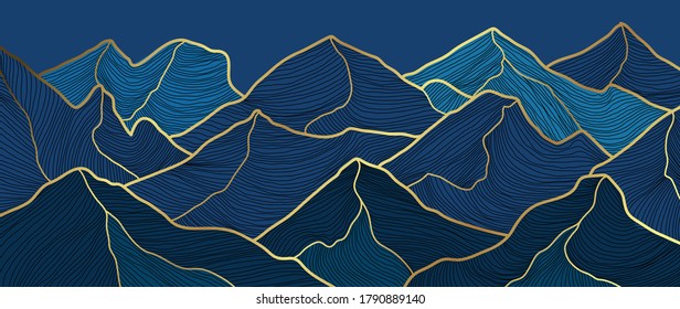 landscape wallpaper design with Golden mountain line arts, luxury background design for cover, invitation background, packaging design, fabric, and print. Vector illustration.