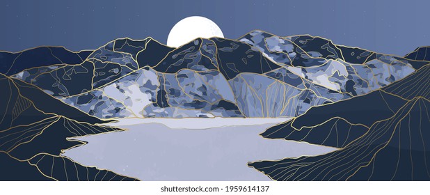 landscape wallpaper design with Golden mountain line arts, luxury background design for cover, invitation background, packaging design, fabric, and print. Vector illustration.