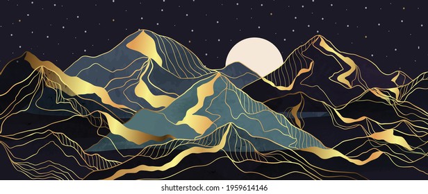 landscape wallpaper design with Golden mountain line arts, luxury background design for cover, invitation background, packaging design, fabric, and print. Vector illustration.