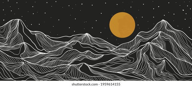 landscape wallpaper design with Golden mountain line arts, luxury background design for cover, invitation background, packaging design, fabric, and print. Vector illustration.