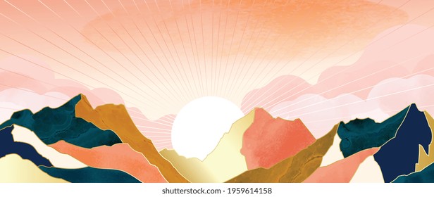 landscape wallpaper design with Golden mountain line arts, luxury background design for cover, invitation background, packaging design, fabric, and print. Vector illustration.