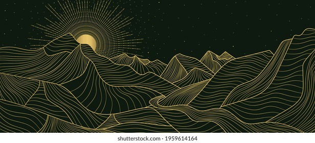 landscape wallpaper design with Golden mountain line arts, luxury background design for cover, invitation background, packaging design, fabric, and print. Vector illustration.