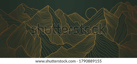 landscape wallpaper design with Golden mountain line arts, luxury background design for cover, invitation background, packaging design, fabric, and print. Vector illustration.