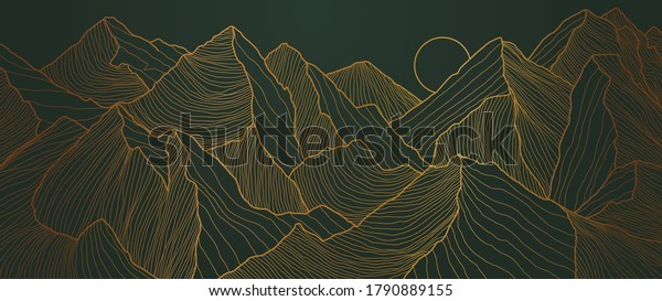 landscape wallpaper\
design with Golden mountain line arts, luxury background design for\
cover, invitation background, packaging design, fabric, and print.\
Vector illustration.
