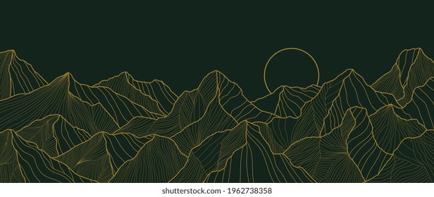 diseño paisajístico de papel pintado con montañas doradas, diseño de fondo de arte de línea de lujo para cubierta, fondo de invitación, diseño de empaque, tela e impresión. Ilustración vectorial.