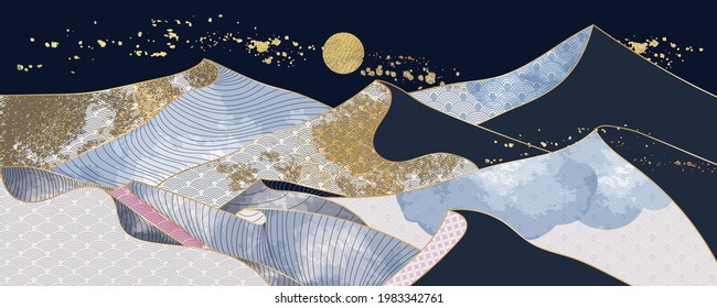 landscape wallpaper Japanese design with blue pattern, luxury background design for cover, invitation background, packaging design, fabric, and print. Vector illustration.