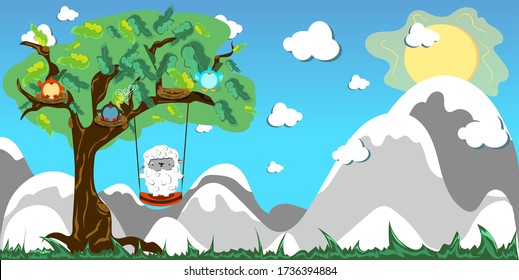 Landscape Wallpaper  with Mountains, Clouds and Sun, tree. Cute  Birds on the Tree. White Lamb in the swing under the Tree. Vector illustration. Bright colors. 