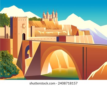 Landscape with watchtower and bridge across the river on the road to the fortress. Handmade drawing vector illustration. Flat design.