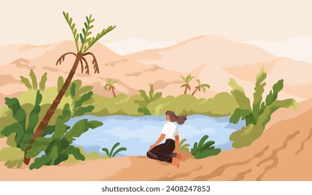 Landscape with water among sand. Oasis in dry desert. Woman relaxing in calm serene nature alone in peace. Relaxation, psychology concept. Flat graphic vector illustration isolated on white background