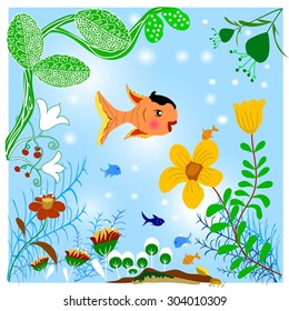 Landscape of water with fish and tree in the form of abstract