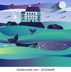 Landscape of the water. Sea wave. House on the rock. Whale. Mountain land. Starfall, moon. Fairytale, starry night near the sea. Flat illustration. Island