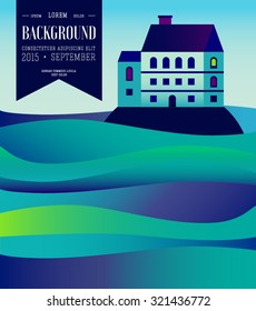Landscape of the water. Sea wave. House on the rock. Whale. Mountain land. Starfall, moon. Fairytale, starry night near the sea. Flat illustration. Island