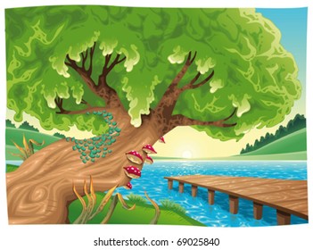 Landscape with water. Vector illustration, isolated objects