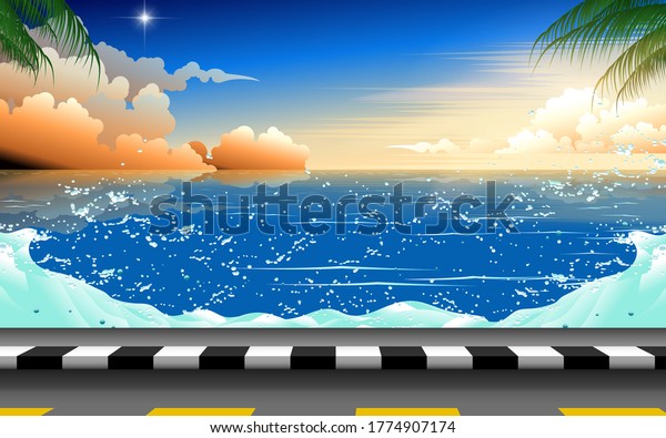 landscape of water wave at the road on the beach\
in sunset