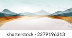 Landscape watercolor art background with mountains and hills on the sea or lake in blue and gold colors. Vector banner in a minimalistic style for decoration, print, wallpaper, interior design.