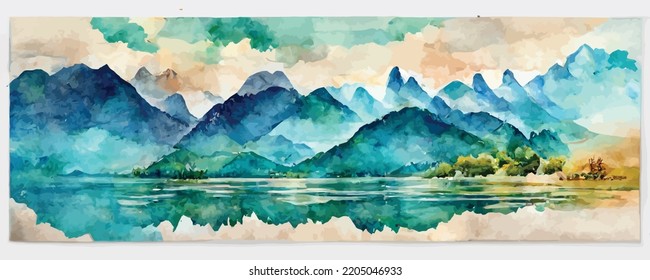 landscape watercolor art background with mountains and hill