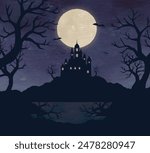 Landscape watercolor of the Horned Mansion on Halloween