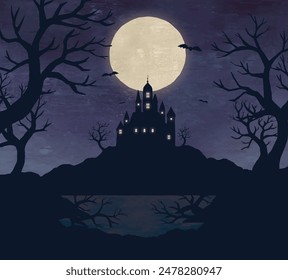 Landscape watercolor of the Horned Mansion on Halloween